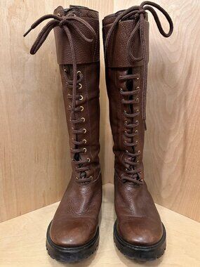 Brn Pebbled Leather Tory Burch Wesley Lace Up Back Zip Boots-Size 8 EXC COND
